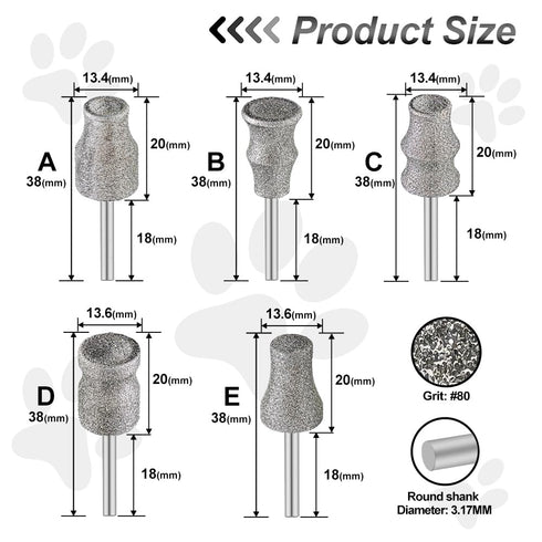 Diamond Dog Nail Grinder Bits - FOCSTOL 5pcs 1/8'' Rotary Bit for Dogs & Pets Nail Care