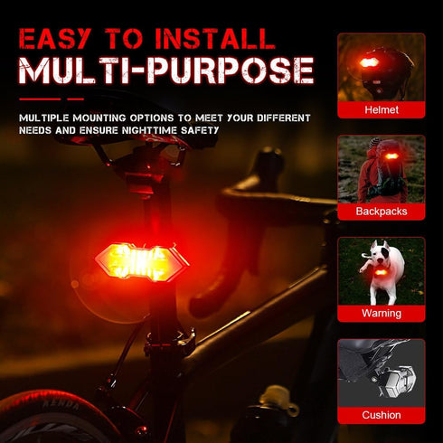 USB Rechargeable Bike Tail Light with Turn Signals, 11 Modes Bright LED Rear Light, Waterproof Safety Warning (Pack of