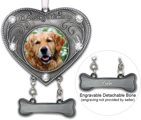 Dog Sympathy Photo Christmas Ornament, Heart Shaped, Holds 1 3/4" Photo, Gift-Storage Bag Included