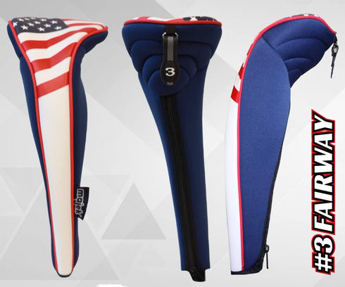 USA Patriot Golf Zipper Head Covers for Driver, 1, 3, 5 Fairway Woods, Neoprene Style, Fits All Clubs