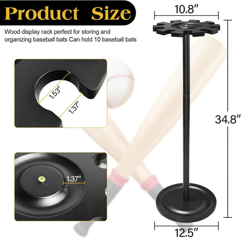 TP Baseball Bat Holder Display Rack - Solid Wood Organizer Holds 10 Bats, Sturdy Baseball Softball Bat Stand