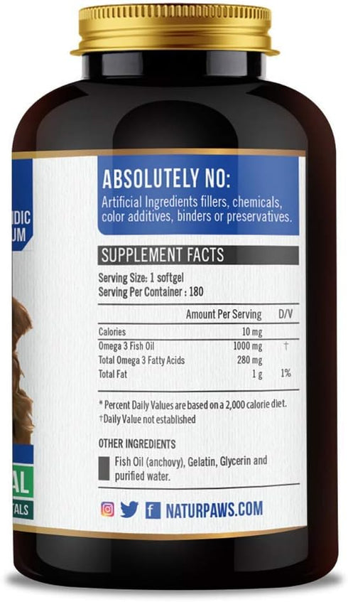 NATURPAWS 3 1000 Immune 180 Omega Fish Oil Supplement for Dogs and Cats - mg Pure DHA and EPA Omegas - Supports Healthy
