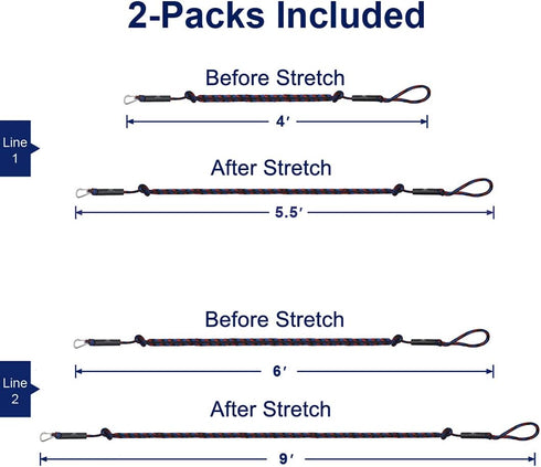 Obcursco Bungee Dock Lines for Boat, Docking Rope with Stainless Steel Clips, Sets of Two (4ft & 6ft)