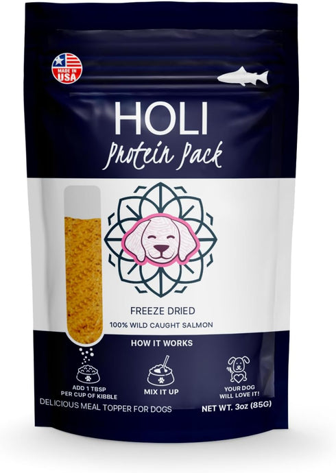 HOLI Freeze Dried Salmon Dog Food Topper - with Omega 3 & 6 - Single Ingredient, Human-Grade Wild Caught Salmon - Dog Food Flavor Enhancer for Picky Dogs – 100% All Natural - 3oz