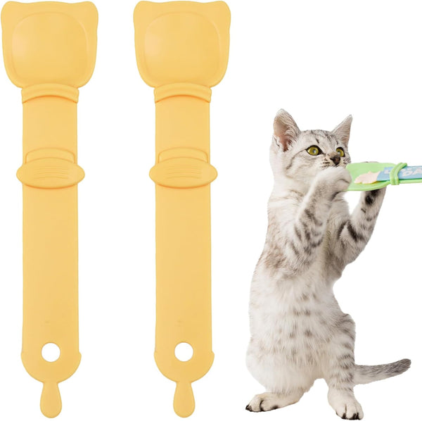 2 Pack Cat Strip Feeder, Cat Food Dispenser Spoon, Multi Functional Treat Squeeze Spoon for Cat Bar Treats, Yellow