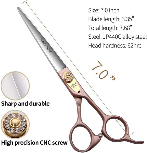 Fenice Peak 7'' Dog Straight Scissors for Grooming, 440C Stainless Steel Rose Gold Professional Pet Trimming Shears