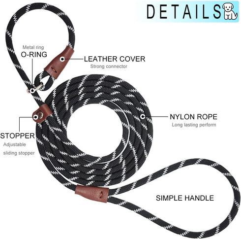 7Ft Slip Lead Dog Leash for Small Dogs, Lightweight Nylon Rope Leash for No Pull Small Puppy Pet Training, Black