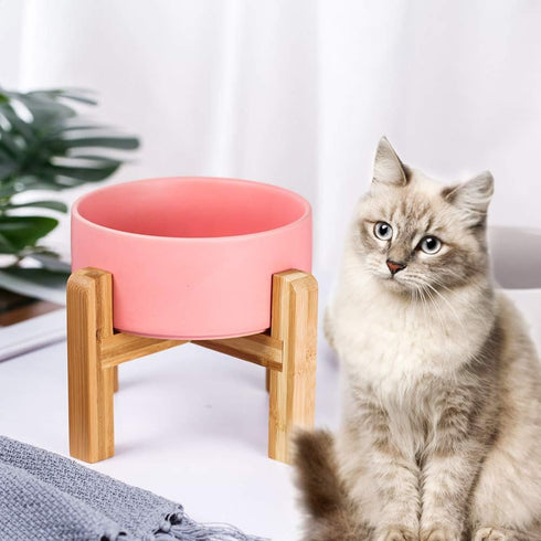 Pink Ceramic Elevated Raised Cat Bowl with Wood Stand, No Spill Pet Food Water Feeder for Cats and Small Dogs