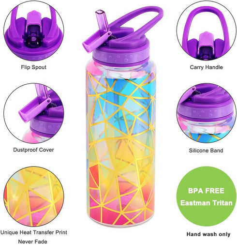 Home Tune Cute Water Bottle with Straw, BPA FREE Tritan, Leak Proof, 32oz/950ml, Colorful Design
