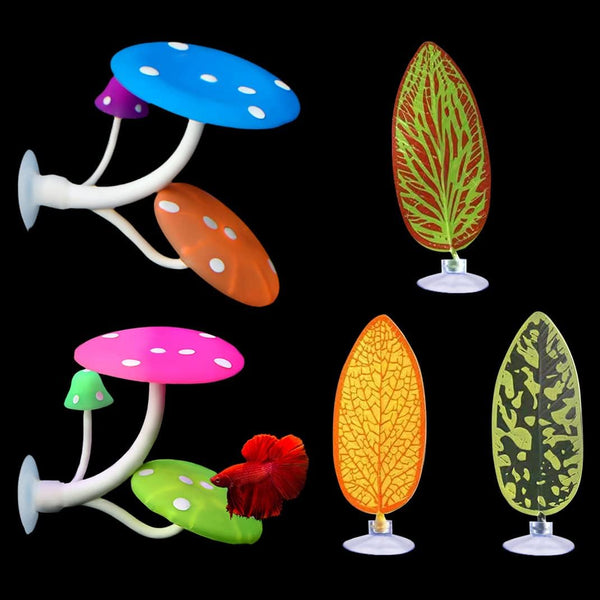 5 pcs Betta Mushroom Hammock + Leaf Pads - Fish Tank Silicone Soft Aquarium Playing Pads with Suction Cup Decorations