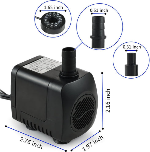 220 GPH Submersible Water Pump (800L/H, 15W), Ultra Quiet with 12 LED Colorful Lights for Fish Tank