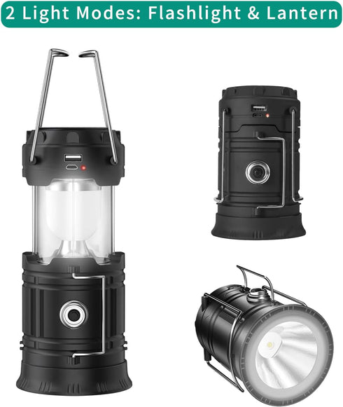 LED Camping Lantern, Solar and Rechargeable, Portable Light for Daily, Camp, Hiking, Emergency, Black