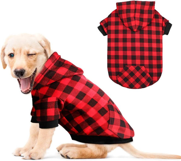 Red Plaid Dog Hoodie Sweater for Dogs, Pet Clothes with Hat and Pocket (M)