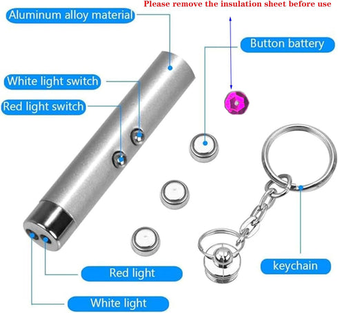 6PCS Cat Toy Mini Red Laser Pointer with Keychain - Interactive Training Tools White LED Torch Light