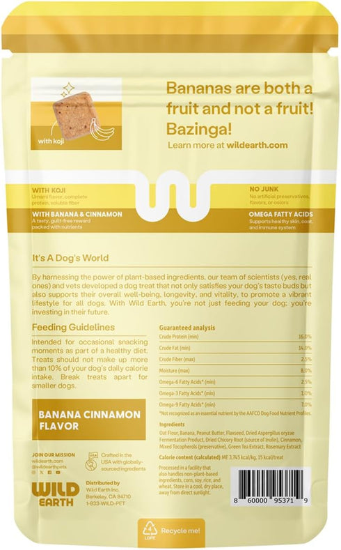 Wild Earth Superfood Dog Treats - Plant Based with Omega Acids, Prebiotics & Koji Protein, Banana & Cinnamon Flavor
