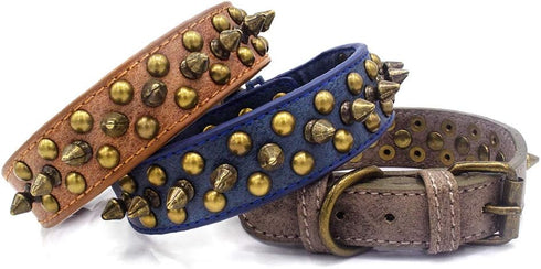 Spiked Dog Collar, Adjustable Pu Leather Pet Collars with Mushroom Rivet Studs for Cats and Dogs (L, Navy)