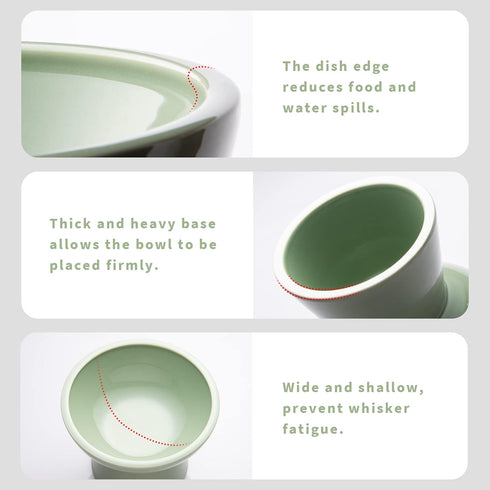 Extra Wide Elevated Cat Bowls - 6.2" Ceramic Cat Food Bowl, Shallow Dish, Whisker Fatigue, Lead & Cadmium Free, Sage