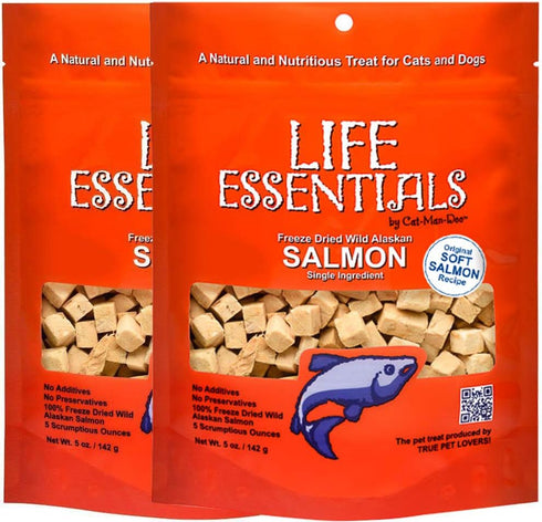 LIFE ESSENTIALS BY CAT-MAN-DOO Freeze Dried Wild Alaskan Salmon Treats, 5 Ounce Bag, 2 Pack