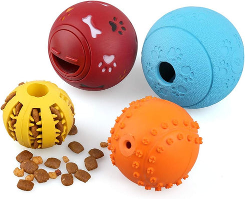 PrimePets Dog Treat Ball, 4 Pack Interactive Food Dispensing Puzzle Toy, Non-Toxic Rubber for Chewing