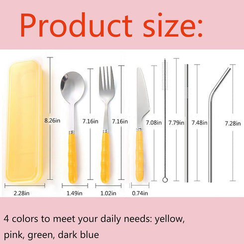 Facune 4 Colors Portable Travel Utensils with Case, Reusable Stainless Steel Cutlery Include Knife Fork Spoon Straw