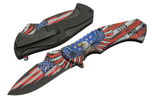 SZCO Supplies 8.75" USA Eagle Flag Assisted Open Folding Knife with Pocket Clip, Red White Blue