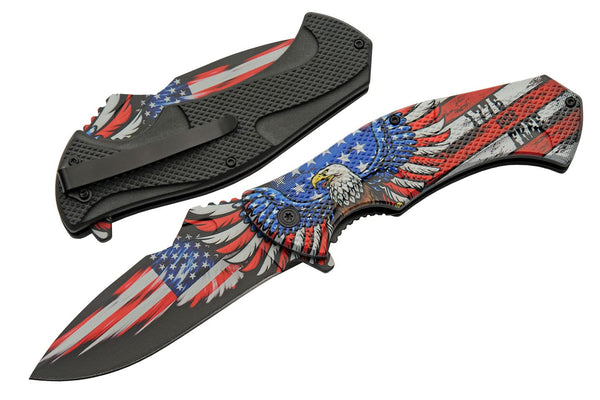 SZCO Supplies 8.75" USA Eagle Flag Assisted Open Folding Knife with Pocket Clip, Red White Blue