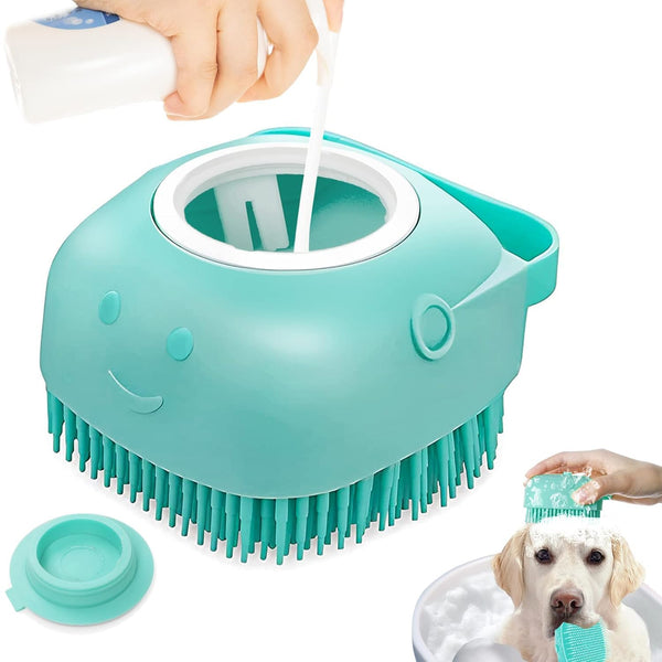 Pet Dog Bath Brush, Gentle Soap Dispenser for Massaging Bath Grooming, Soft Silicone (Blue)