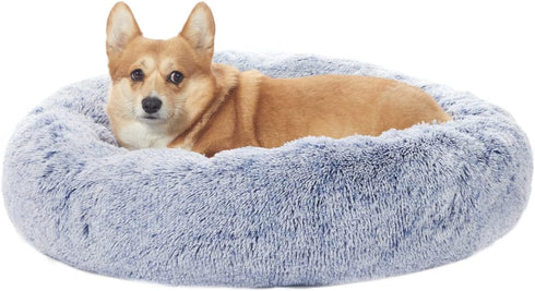 Bedfolks Calming Donut Dog Bed, 30 Inches Round, Fluffy Anti-Anxiety Plush Bed, Machine Washable, Navy Blue