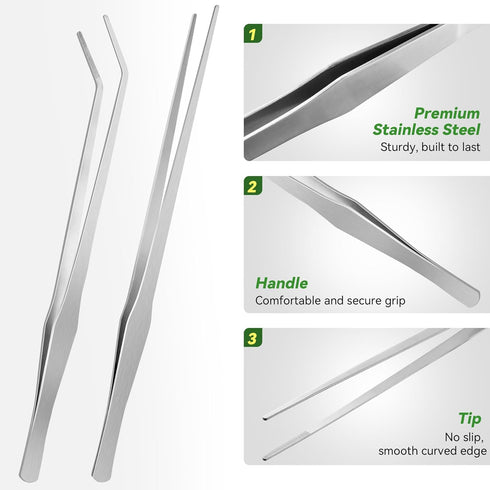 Long Tweezers for Aquarium 15 inch - 2 Pcs Stainless Steel Reptile Feeding Tongs, Curved and Straight Design