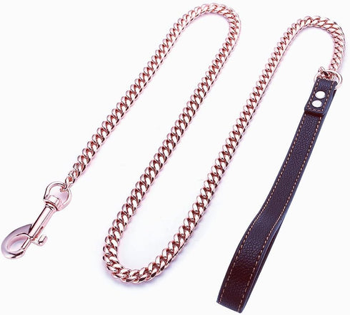 Rose Gold Dog Chain Leash, 10MM/14MM Curb Cuban Link, Strong Chew Proof Stainless Steel, 3FT/4FT/5FT (10mm, 5ft)