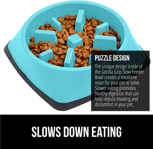 Gorilla Grip Slow Feeder Dog and Cat Bowls, Interactive Puzzle Toy for Food Training, 1 Cup Turquoise, 100% BPA Free,