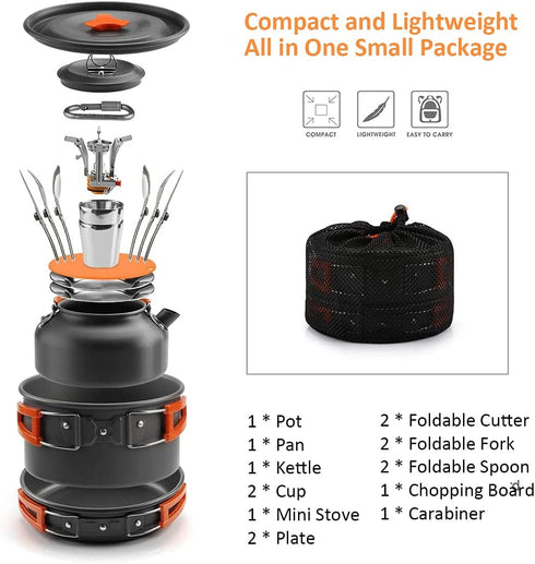 Lixada Outdoor Camping Cookware Mess Kit: Pots and Pans Set with Stove, Spoon, Fork, Cutter for Hiking