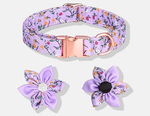 Dog Collar with Rhinestone Flower, Cute Floral Pattern for Female Dogs, Detachable Rhinestone Flower, Purple Flowers, M