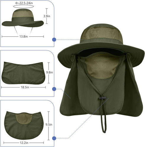 UPF 50+ Wide Brim Sun Protection Fishing Hat with Face & Neck Flap