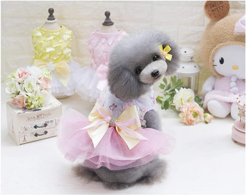 Puppy Skirt Tutu Dresses for Small Dogs, Luxury Bow Flower Sequin Dot Wedding Lace, Pink (M) for Girls Cats