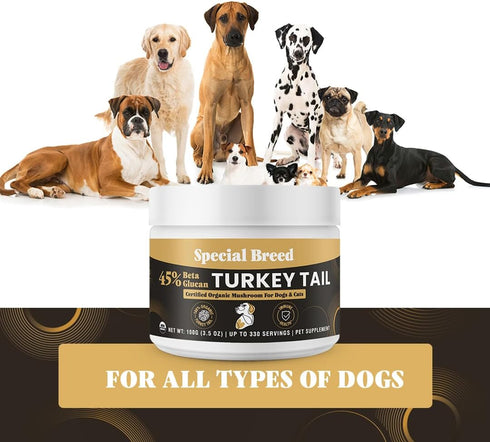 45% Immune 330 Organic Turkey Tail Mushroom for Dogs and Cats, Beta Glucan Standardized, Hot Water Extracted Whole