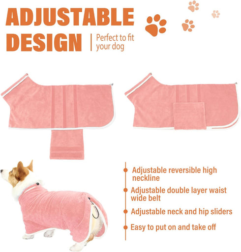 Dog Robe - Fast Drying Towel - Microfiber Super Absorbent Pet Bathrobe, Adjustable Collar & Belly Strap (Pink