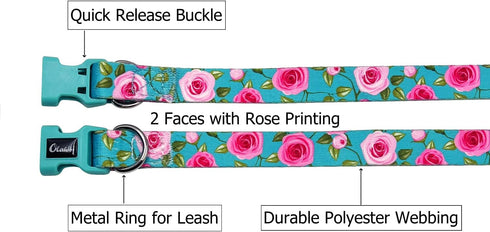 Dog Collar and Leash Set, Rose Pattern Polyester Material, 5ft Matching Leash for Small Dogs (S, Green Rose Set)