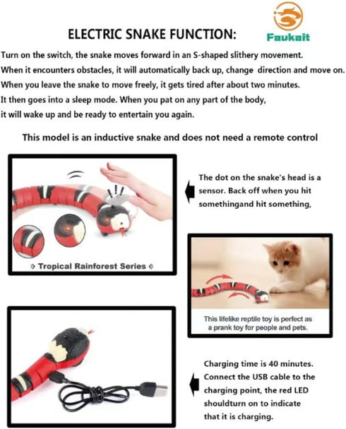 FauKait Cat Toys Snake Interactive,Kitten Toys,Realistic Smart Sensing Snake Toy,USB Rechargeable,Automatically Sense