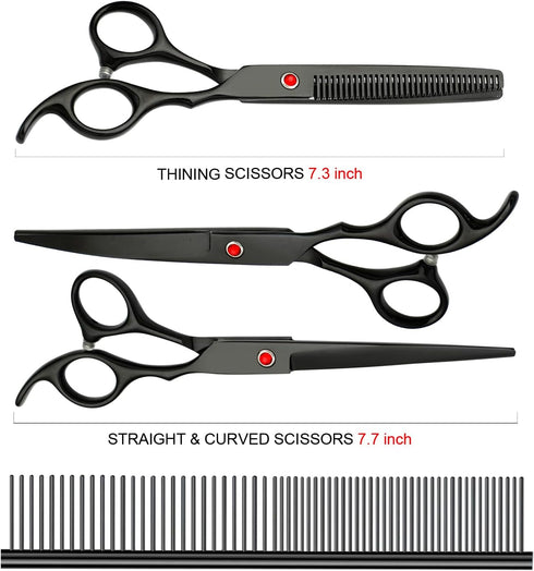 FAIGEO Set 5 in1) Professional Dog Grooming Scissors Stainless Steel Dog Grooming Kit - Thinning, Curved Scissors