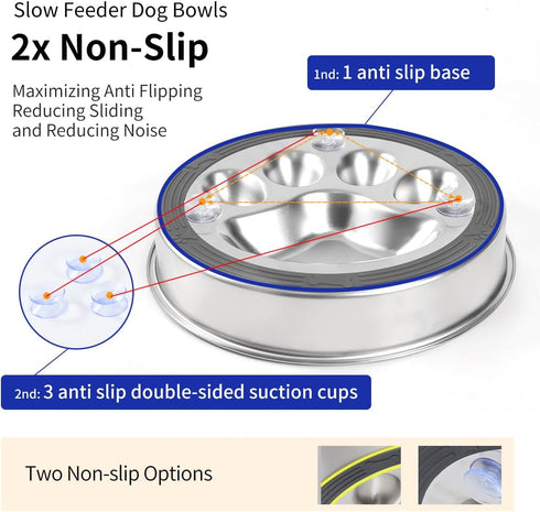 Slow Feeder Dog Bowls, 304 Stainless Steel Anti Flip Dog Bowl, 2X Non-Slip, 2-4 Cups for Small & Medium Breeds