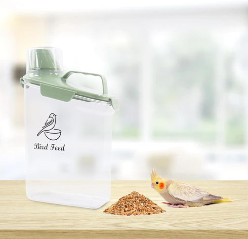 Bird Seed Storage Container, Portable 3 Qt Clear Pet Food Container with Measuring Cup, Airtight Dispenser, Green