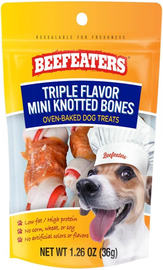 Beefeaters Dog Treats, Triple Flavor Mini Knotted Bones, 1.26oz, Case of 12, High Protein with Real Chicken