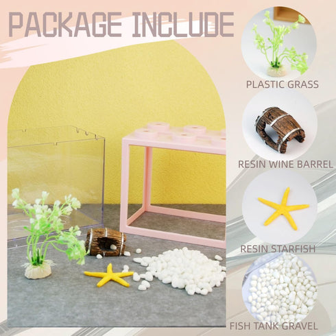 Small Betta Fish Tank, Stackable Mini Aquarium Kit with Gravel & Resin Decorations, 0.6 Gallon, Pink