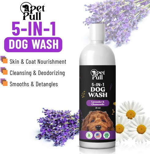 5-in-1 Dog Wash, Plant Based Grooming Supplies for Dogs, Sulfate Free Lavender and Chamomile Shampoo (16 Fl Oz)