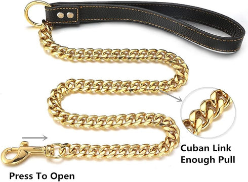 18K Gold Dog Chain Leash - 15MM Solid Chew Proof 316L Stainless Steel Cuban Link Chain with Smooth Leather Handle,