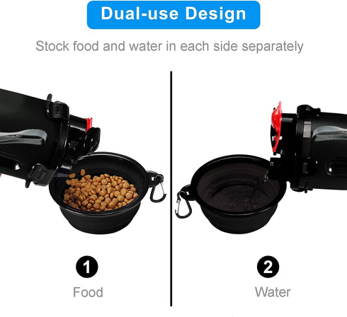 Dog Travel Water Bottle with Collapsible Bowls, 2 in 1 Pet Food Container for Outdoor Activities