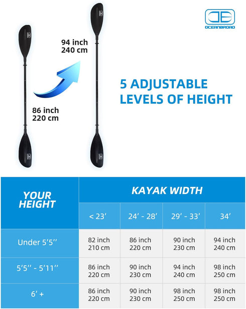 OCEANBROAD Adjustable Kayak Paddle - 86in/220cm to 94in/240cm Oar with Paddle Leash for Kayaking and Boating