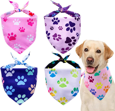 PET SHOW 4 Pack Paw Print Big Dog Bandanas Set - Reversible Adjustable Scarves for Medium Large Dogs