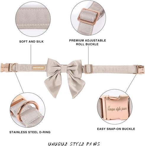 Unique style paws Silk Champagne Color Dog Collar Adjustable Durable Dog Collar with Bow Wedding Bow tie Dog Collar for Medium Dogs